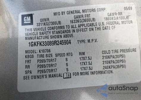 2009 GMC Yukon Slt W/4Sb from USA, damaged, VIN 1GKFK33089R245904